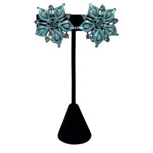 Vintage Star Brand Blue Rhinestone & Enamel Flower Clip-On Earrings Light Blue